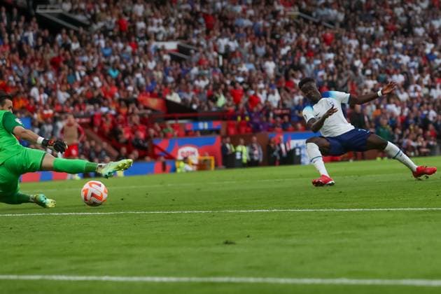 Hat trick goal for Bukayo Sake of England Copyright: xSimonxHallx 37600046