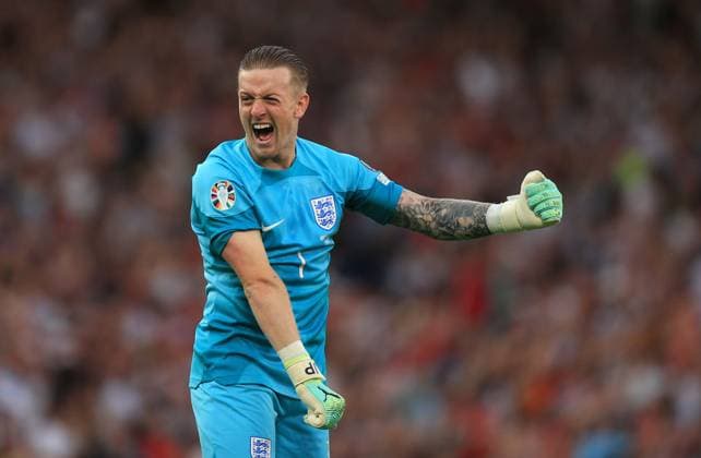 Mandatory Credit: Photo by JASONPIX Shutterstock (13975662ae) Jordan Pickford of England celebrates after England go 5-0 up England v North Macedonia - European Championship, EM, Europameisterschaft QUALIFYING - GROUP C. Football, Old Trafford, Manachester. UK. 19 JUN 2023 Editorial use only England v North Macedonia - EUROPEAN CHAMPIONSHIP QUALIFYING - GROUP C. Football, Old Trafford, Manachester. UK. 19 JUN 2023 Editorial use only  Copyright: xJASONPIX Shutterstockx 13975662ae