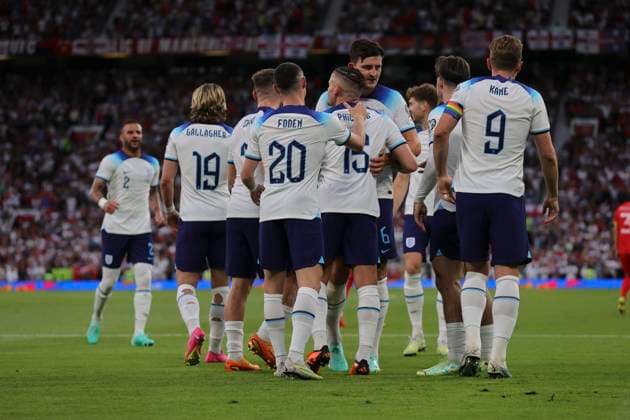 England v North Macedonia UEFA EURO, EM, Europameisterschaft,Fussball 2024 Qualifiers Calvin Phillips of England celebrates scoring his side?s 6th goal during the UEFA Euro 2024 Qualifiers Group C match at Old Trafford, Manchester Copyright: xPaulxChestertonx FIL-18631-0056 UK Newspapers OUT
