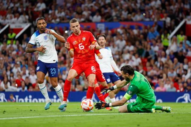 Manchester, England, June 19th 2023: Goalkeeper Stole Dimitrievski (1 North Macedonia) makes a save during the UEFA 2024 European Qualifiers football match between England and North Macedonia at Old Trafford in Manchester, England. (James Whitehead SPP) Copyright: xJamesxWhiteheadx xSPPx spp-en-JaWhSp-ENGvMKD117