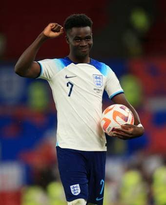 Mandatory Credit: Photo by JASONPIX Shutterstock (13975662ao) Bukayo Saka of England with the match ball at the end of the game after scoring a hat trick in the 7-0 win for England England v North Macedonia - European Championship, EM, Europameisterschaft QUALIFYING - GROUP C. Football, Old Trafford, Manachester. UK. 19 JUN 2023 Editorial use only England v North Macedonia - EUROPEAN CHAMPIONSHIP QUALIFYING - GROUP C. Football, Old Trafford, Manachester. UK. 19 JUN 2023 Editorial use only  Copyright: xJASONPIX Shutterstockx 13975662ao