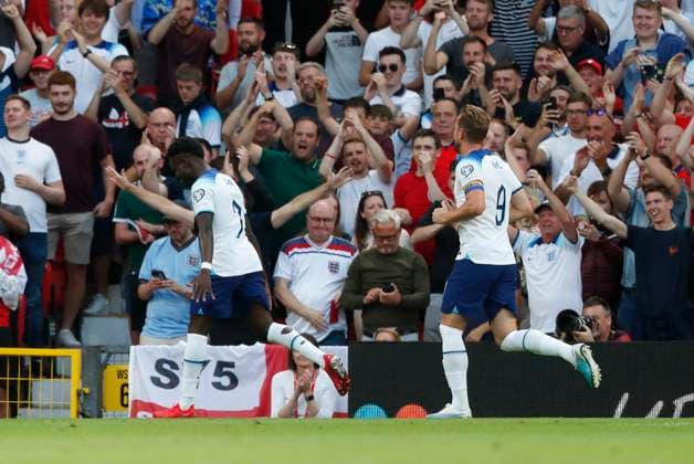 England v North Macedonia UEFA EURO, EM, Europameisterschaft,Fussball 2024 Qualifiers Bukayo Saka of England celebrates scoring his sides 2nd goal during the UEFA Euro 2024 Qualifiers Group C match at Old Trafford, Manchester Copyright: xPaulxChestertonx FIL-18631-0077 UK Newspapers OUT