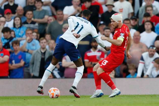 England v North Macedonia UEFA EURO, EM, Europameisterschaft,Fussball 2024 Qualifiers Marcus Rashford of England and Stefan Ristovski of North Macedonia in action during the UEFA Euro 2024 Qualifiers Group C match at Old Trafford, Manchester Copyright: xPaulxChestertonx FIL-18631-0087 UK Newspapers OUT