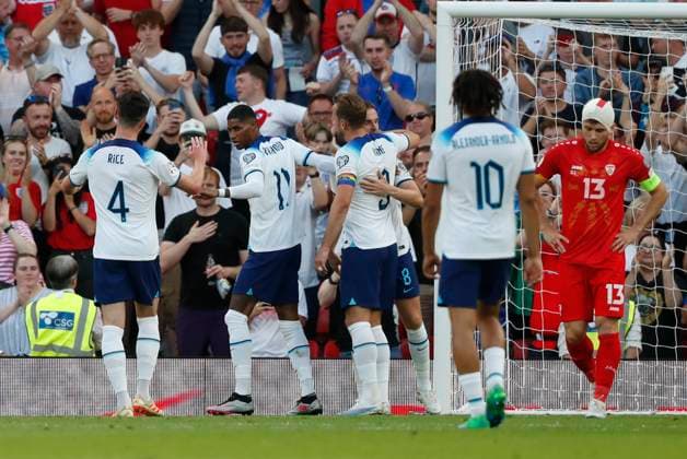 England v North Macedonia UEFA EURO, EM, Europameisterschaft,Fussball 2024 Qualifiers Marcus Rashford of England celebrates scoring his side?s 3rd goal during the UEFA Euro 2024 Qualifiers Group C match at Old Trafford, Manchester Copyright: xPaulxChestertonx FIL-18631-0090 UK Newspapers OUT