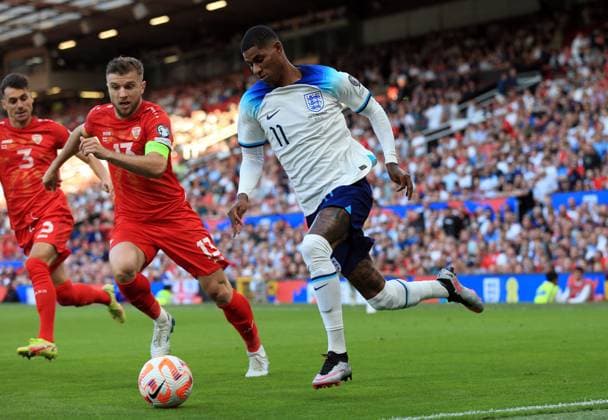 Mandatory Credit: Photo by JASONPIX Shutterstock (13975662as) Marcus Rashford of England with Illija Nestorovski of North Macedonia England v North Macedonia - European Championship, EM, Europameisterschaft QUALIFYING - GROUP C. Football, Old Trafford, Manachester. UK. 19 JUN 2023 Editorial use only England v North Macedonia - EUROPEAN CHAMPIONSHIP QUALIFYING - GROUP C. Football, Old Trafford, Manachester. UK. 19 JUN 2023 Editorial use only  Copyright: xJASONPIX Shutterstockx 13975662as