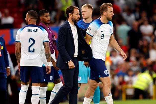 UEFA European Championships - Qualifying - Group C - England vs North Macedonia - Old Trafford - Monday 19th June 2023 England manager Gareth Southgate with captain Harry Kane after the final whistle and a comfortable 7-0 win, at Old Trafford. 