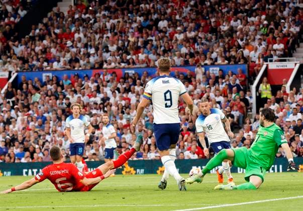 UEFA European Championships - Qualifying - Group C - England vs North Macedonia - Old Trafford - Monday 19th June 2023 Calvin Phillips of England seizes on a loose ball in the North Macedonia area to put England 6-0 ahead, at Old Trafford. 
