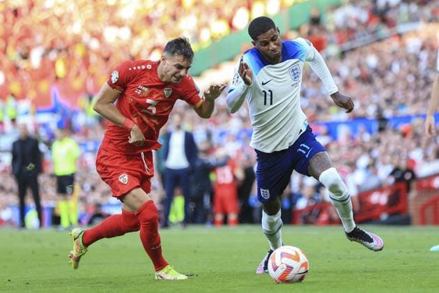 Mandatory Credit: Photo by JASONPIX Shutterstock (13975662bg) Marcus Rashford of England and Stefan Ashkovski of North Macedonia England v North Macedonia - European Championship, EM, Europameisterschaft QUALIFYING - GROUP C. Football, Old Trafford, Manachester. UK. 19 JUN 2023 Editorial use only England v North Macedonia - EUROPEAN CHAMPIONSHIP QUALIFYING - GROUP C. Football, Old Trafford, Manachester. UK. 19 JUN 2023 Editorial use only  Copyright: xJASONPIX Shutterstockx 13975662bg