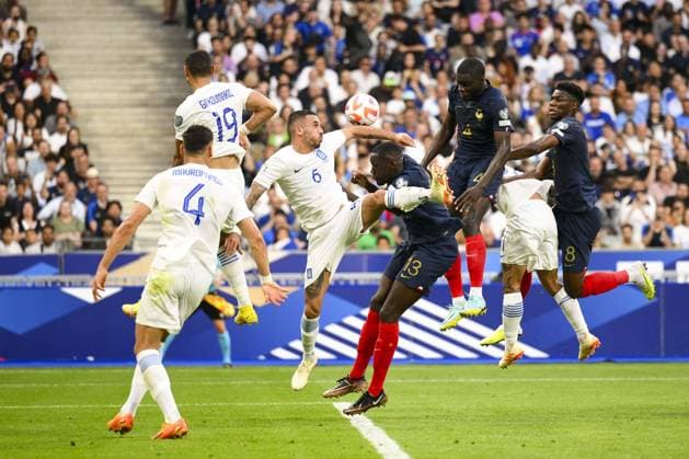 Ibrahima Konate (FRA) Dayot Upamecano (FRA) TCHOUAMENI Aurelien (FRA) FOOTBALL : France vs Grece - Qualifications Euro2024 - 19 06 2023 JBAutissier Panoramic  