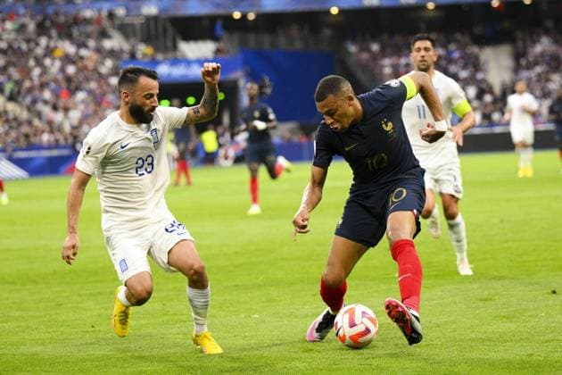 MBAPPE Kylian (FRA) vs Manolis Siopis (Gre) FOOTBALL : France vs Grece - Qualifications Euro2024 - 19 06 2023 JBAutissier Panoramic  