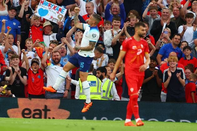 England v North Macedonia ,Manchester, UK - 19 June 2023 Goal celebrations for Kalvin Phillips of England during the Euro 2024 qualifying match - Group C: England v North Macedonia at Old Trafford on 19 June 2023 in Manchester, England (Photo by Paul OBrien PPAUK) Manchester Old Trafford Lancashire England Copyright: xPaulxOBrien PPAUKx PPA-035542