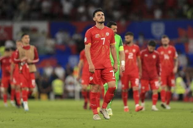 Mandatory Credit: Photo by JASONPIX Shutterstock (13975662ba) Eljif Elmas of North Macedonia looks dejected after the match England v North Macedonia - European Championship, EM, Europameisterschaft QUALIFYING - GROUP C. Football, Old Trafford, Manachester. UK. 19 JUN 2023 Editorial use only England v North Macedonia - EUROPEAN CHAMPIONSHIP QUALIFYING - GROUP C. Football, Old Trafford, Manachester. UK. 19 JUN 2023 Editorial use only  Copyright: xJASONPIX Shutterstockx 13975662ba