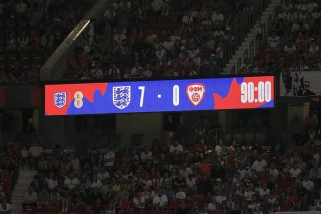 Mandatory Credit: Photo by JASONPIX Shutterstock (13975662bb) The scoreboard shows the final score of 7-0 England v North Macedonia - European Championship, EM, Europameisterschaft QUALIFYING - GROUP C. Football, Old Trafford, Manachester. UK. 19 JUN 2023 Editorial use only England v North Macedonia - EUROPEAN CHAMPIONSHIP QUALIFYING - GROUP C. Football, Old Trafford, Manachester. UK. 19 JUN 2023 Editorial use only  Copyright: xJASONPIX Shutterstockx 13975662bb