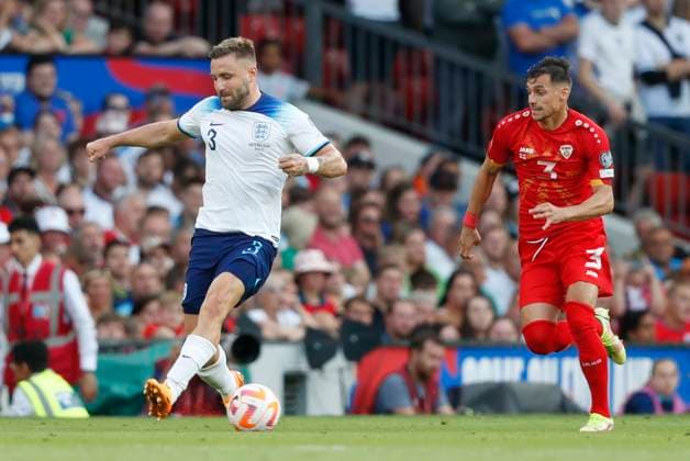 England v North Macedonia UEFA EURO, EM, Europameisterschaft,Fussball 2024 Qualifiers Luke Shaw of England and Stefan Ashkovski of North Macedonia in action during the UEFA Euro 2024 Qualifiers Group C match at Old Trafford, Manchester Copyright: xPaulxChestertonx FIL-18631-0129 UK Newspapers OUT