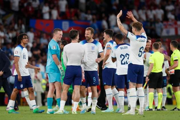 England v North Macedonia UEFA EURO, EM, Europameisterschaft,Fussball 2024 Qualifiers The England players celebrate victory at the end of the UEFA Euro 2024 Qualifiers Group C match at Old Trafford, Manchester Copyright: xPaulxChestertonx FIL-18631-0147 UK Newspapers OUT