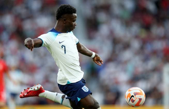 England v North Macedonia 19 June 2023 Manchester, UEFA EURO, EM, Europameisterschaft,Fussball Qualifying, EM, Europameisterschaft match England v North Macedonia - Bukayo Saka of England about to strike his second goal - (Photo by Mark Leech). Manchester UK Copyright: xMarkxLeechxOffside