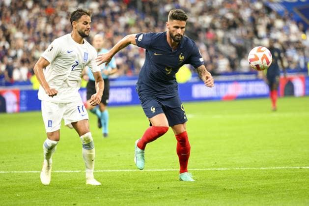 GIROUD Olivier (FRA) vs Pantelis Hatzidiakos (Gre) FOOTBALL : France vs Grece - Qualifications Euro2024 - 19 06 2023 JBAutissier Panoramic  