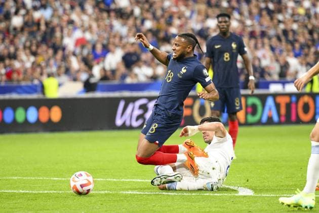 Christopher Nkunku (FRA) vs Panayiotis Retsos (Gre) FOOTBALL : France vs Grece - Qualifications Euro2024 - 19 06 2023 JBAutissier Panoramic  