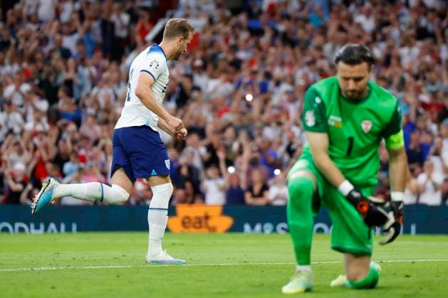 Manchester, England, June 19th 2023: Harry Kane (9 England) celebrates after scoring his team s seventh goal during during the UEFA 2024 European Qualifiers football match between England and North Macedonia at Old Trafford in Manchester, England. (James Whitehead SPP) Copyright: xJamesxWhiteheadx xSPPx spp-en-JaWhSp-ENGvMKD164