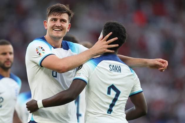 England v North Macedonia 19 June 2023 Manchester, UEFA EURO, EM, Europameisterschaft,Fussball Qualifying, EM, Europameisterschaft match England v North Macedonia - Harry Maguire of England smiles as he celebrates with Bukayo Saka - (Photo by Mark Leech). Manchester UK Copyright: xMarkxLeechxOffside