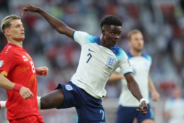 England v North Macedonia 19 June 2023 Manchester, UEFA EURO, EM, Europameisterschaft,Fussball Qualifying, EM, Europameisterschaft match England v North Macedonia - Bukayo Saka of England - (Photo by Mark Leech). Manchester UK Copyright: xMarkxLeechxOffside