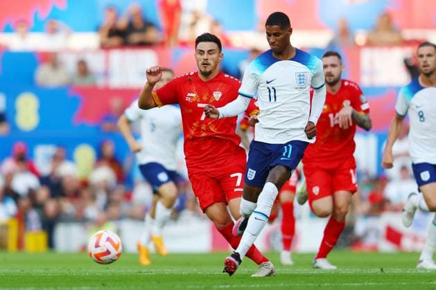 England v North Macedonia ,Manchester, UK - 19 June 2023 Marcus Rashford of England battles for the ball with Eljif Elmas of North Macedonia during the Euro 2024 qualifying match - Group C: England v North Macedonia at Old Trafford on 19 June 2023 in Manchester, England (Photo by Paul OBrien PPAUK) Manchester Old Trafford Lancashire England Copyright: xPaulxOBrien PPAUKx PPA-035574