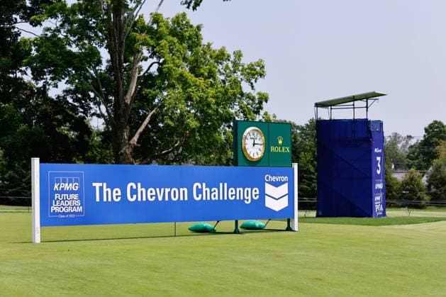 SPRINGFIELD, NJ - JUNE 19: A general view the Chevron Challenge sign during practice for the LPGA, Golf Damen KPMG Women™s PGA, Golf Herren Championship on June 19, 2023 at Baltusrol Golf Club (Lower Course) in Springfield, New Jersey. (Photo by Rich Graessle Icon Sportswire) GOLF: JUN 19 LPGA KPMG Women™s PGA Championship EDITORIAL USE ONLY Icon23061918133