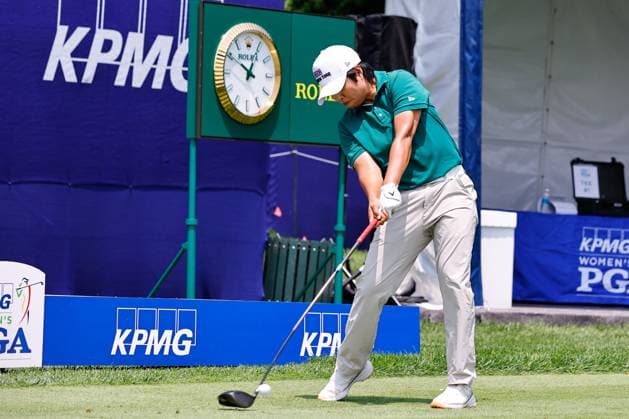 SPRINGFIELD, NJ - JUNE 19: Harukyo Nomura of Japan tees off at the 1st tee during practice for the LPGA, Golf Damen KPMG Women™s PGA, Golf Herren Championship on June 19, 2023 at Baltusrol Golf Club (Lower Course) in Springfield, New Jersey. (Photo by Rich Graessle Icon Sportswire) GOLF: JUN 19 LPGA KPMG Women™s PGA Championship EDITORIAL USE ONLY Icon23061918153