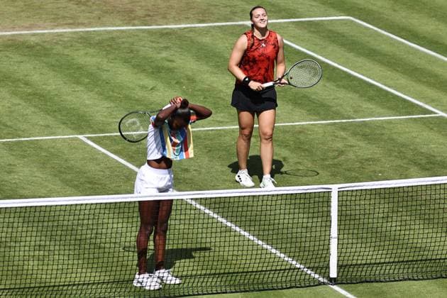 Jule Niemeier (red) and Noma Noha Akugue (black), GER, during womens doubles at 2023 bett1 Open in Berlin, 21 06 2023; -