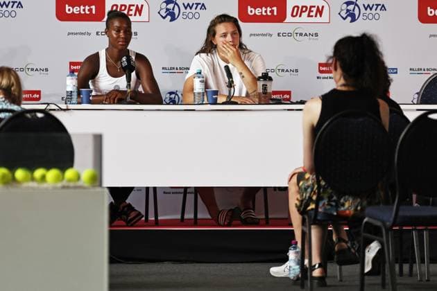 press conference, PK, Pressekonferenz Jule Niemeier (right) and Noma Noha Akugue (left), GER, during womens doubles at 2023 bett1 Open in Berlin, 21 06 2023; -