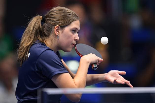 Lucia Zavaleta of Costa Rica during the game Mexico vs Costa Rica, corresponding to the first stage of Womens Team Table tennis, Tischtennis at the Central American and Caribbean Games San Salvador 2023, at EL Polvorin Sports Complex, on June 21, 2023. <br><br> Lucia Zavaleta de Costa Rica durante el juego Mexico vs Costa Rica, correspondiente a la primera ronda de Tenis de Mesa Femenil por equipos en los Juegos Centroamericanos y del Caribe San Salvador 2023, en el Complejo Deportivo EL Polvorin, el 21 de Junio de 2023. JCC San Salvador 2023 Mexico vs Costa Rica 