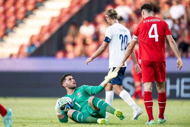 230622 Goalkeeper Amir Saipi and Leonidas Stergiou of Switzerland during the UEFA European Under-21 Championship group stage football match between Norway and Switzerland on June 22, 2023 in Cluj-Napoca. Photo: Marius Simensen BILDBYRAN COP 238 MM0021 bbeng fotboll football fotball soccer uefa european under-21 championship euro under-21 U21, U 21 em u21 norge norway switzerland sveits Copyright: MARIUSxSIMENSEN BB230622BB080