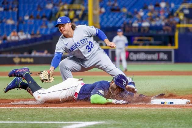 June 22, 2023, St. Petersburg, Florida, USA: Kansas City Royals first baseman Nick Pratto (32) tags Tampa Bay Rays first baseman Yandy Diaz (2) out as he slides into first base, called out after replay in the ninth inning against the Kansas City Royals at Tropicana Field in St. Petersburg on Thursday, June 22, 2023. St. Petersburg USA - ZUMAs70_ 0261204189st Copyright: xIvyxCeballox
