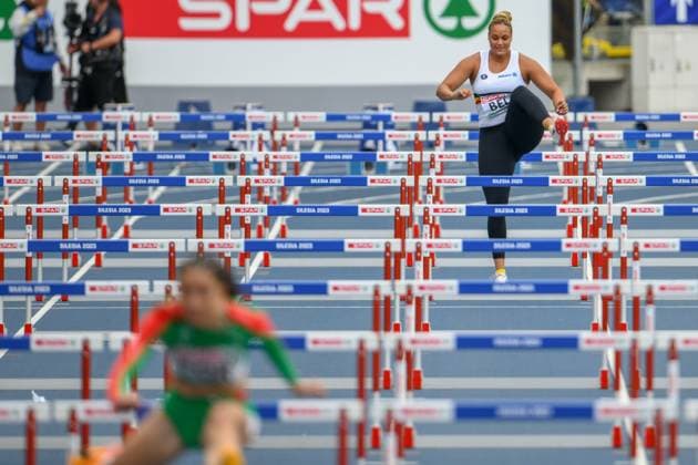 Sport Themen der Woche KW25 European Games 2023 in Krakau, Kugelstoßerin Boumkwo startet über 100 Meter Hürden Jolien Boumkwo pictured in action in the 100 meter hurdles race at the European Athletics Team Championships, in Chorchow, Silesia, Poland, Saturday 24 June 2023. Team Belgium is competing in the first division from 23 to 25 June. ERIKxVANxLEEUWEN  x69340562x