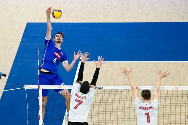 Patry Jean ( 4 - France ) - Maar Stephen Timothy ( 7 - Cuba ) - Eshenko Pearson ( 1 - Cuba ) - VOLLEYBALL : Canada vs France - Orleans - 24 06 2023 FedericoPestellini Panoramic  