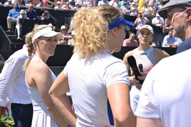 25.06.2023, xbrx, Tennis Bad Homburg Open WTA, Tennis Damen 250, emspor, v.l. Abschiedsspiel Petkovic, Andrea (GER),Kerber, Angelique (GER), Friedsam, Anna-Lena (GER), Petkovic, Andrea (GER), Interview, wird interviewed Bad Homburg