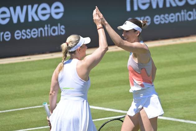 25.06.2023, xbrx, Tennis Bad Homburg Open WTA, Tennis Damen 250, emspor, v.l. Abschiedsspiel Petkovic, Andrea (GER), gestikuliert, mit den Armen gestikulieren, Petkovic, Andrea (GER), Kerber, Angelique (GER) Bad Homburg