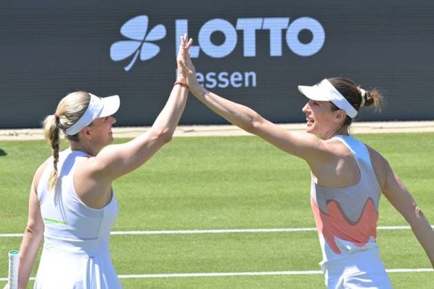 25.06.2023, xbrx, Tennis Bad Homburg Open WTA, Tennis Damen 250, emspor, v.l. Abschiedsspiel Petkovic, Andrea (GER), Kerber, Angelique (GER), Petkovic, Andrea (GER), Kerber, Angelique (GER) Bad Homburg