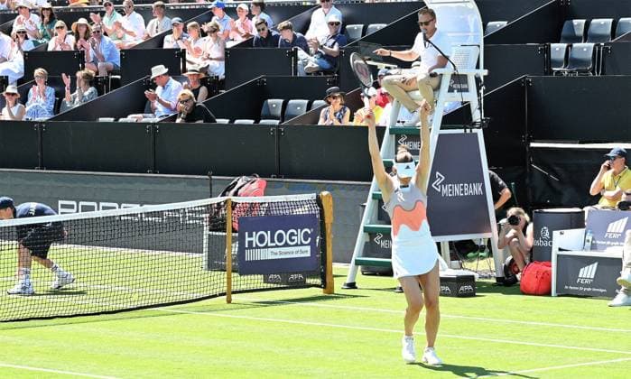 25.06.2023 Tennis, WTA, Tennis Damen Bad Homburg Open 2023 Abschiedsmatch von Tennisspielerin Andrea Petkovic (GER) Jubel bei Petkovic, Andrea (GER) emspor, DFL regulations prohibit any use of photographs as image sequences and or quasi-video