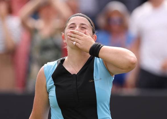 Mandatory Credit: Photo by Ryan Browne Shutterstock (13977110z) Jelena Ostapenko of Latvia celebrates winning the Rothesay Classic Trophy. Rothesay Classic, Day Seven, Tennis, Edgbaston Priory Club, Birmingham, UK - 25 Jun 2023 Rothesay Classic, Day Seven, Tennis, Edgbaston Priory Club, Birmingham, UK - 25 Jun 2023 Copyright: xRyanxBrowne Shutterstockx 13977110z