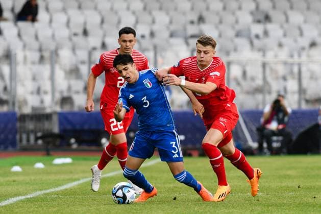 UEFA European Under-21 Championship Group D: Switzerland U21, U 21 vs Italy U21 Lewin Blum and Fabiano Parisi in action during UEFA European Under-21 Championship Group D: Switzerland U21 vs Italy U21, disputed on Cluj Arena, 25 June 2023 Cluj-Napoca Cluj Arena Romania Copyright: xAncaxTepeix