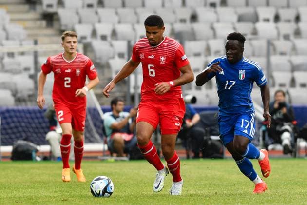 UEFA European Under-21 Championship Group D: Switzerland U21, U 21 vs Italy U21 Simon Sohm and Wilfried Gnonto in action during UEFA European Under-21 Championship Group D: Switzerland U21 vs Italy U21, disputed on Cluj Arena, 25 June 2023 Cluj-Napoca Cluj Arena Romania Copyright: xAncaxTepeix