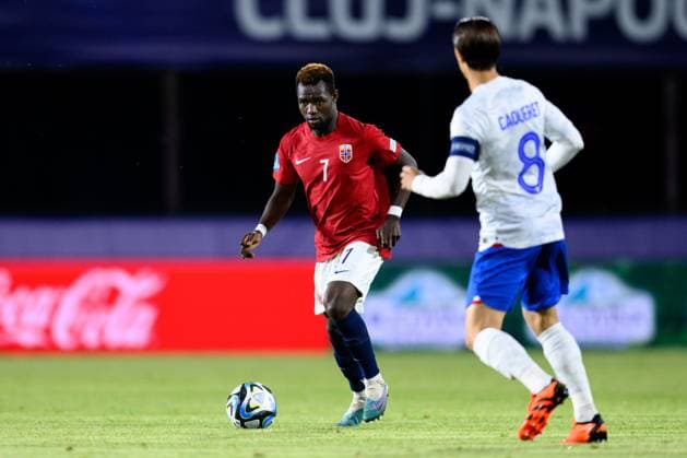 230625 Joshua Kitolano of Norway during the UEFA European Under-21 Championship group stage football match between France and Norway on June 25, 2023 in Cluj-Napoca. Photo: Marius Simensen BILDBYRAN COP 238 MM0022 bbeng fotboll football fotball soccer uefa european under-21 championship euro under-21 U21, U 21 em u21 norge norway france frankrike Copyright: MARIUSxSIMENSEN BB230625BB548