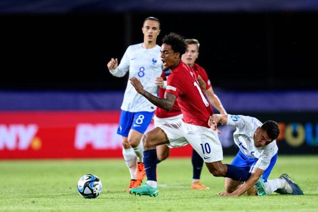 230625 Oscar Bobb of Norway during the UEFA European Under-21 Championship group stage football match between France and Norway on June 25, 2023 in Cluj-Napoca. Photo: Marius Simensen BILDBYRAN COP 238 MM0022 bbeng fotboll football fotball soccer uefa european under-21 championship euro under-21 U21, U 21 em u21 norge norway france frankrike Copyright: MARIUSxSIMENSEN BB230625BB563