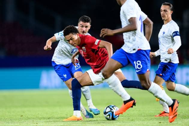 230625 Antonio Nusa of Norway during the UEFA European Under-21 Championship group stage football match between France and Norway on June 25, 2023 in Cluj-Napoca. Photo: Marius Simensen BILDBYRAN COP 238 MM0022 bbeng fotboll football fotball soccer uefa european under-21 championship euro under-21 U21, U 21 em u21 norge norway france frankrike Copyright: MARIUSxSIMENSEN BB230625BB588