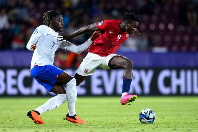 230625 Kouadio Kone of France and Seedy Ahmed Tijan Jatta of Norway during the UEFA European Under-21 Championship group stage football match between France and Norway on June 25, 2023 in Cluj-Napoca. Photo: Marius Simensen BILDBYRAN COP 238 MM0022 bbeng fotboll football fotball soccer uefa european under-21 championship euro under-21 U21, U 21 em u21 norge norway france frankrike Copyright: MARIUSxSIMENSEN BB230625BB606