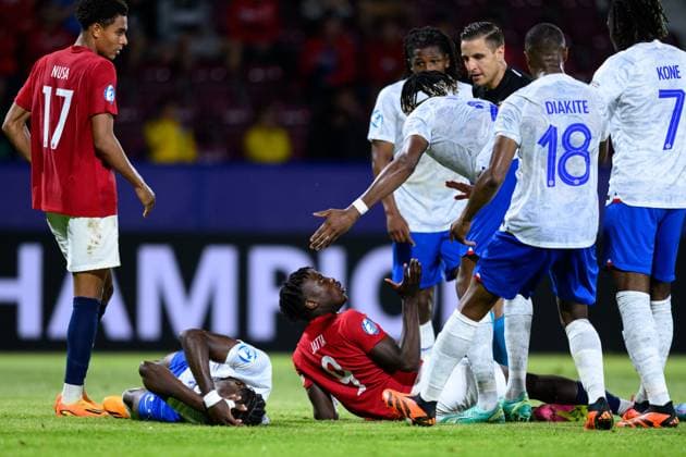 230625 Junior Castello Lukeba of France and Seedy Ahmed Tijan Jatta of Norway during the UEFA European Under-21 Championship group stage football match between France and Norway on June 25, 2023 in Cluj-Napoca. Photo: Marius Simensen BILDBYRAN COP 238 MM0022 bbeng fotboll football fotball soccer uefa european under-21 championship euro under-21 U21, U 21 em u21 norge norway france frankrike Copyright: MARIUSxSIMENSEN BB230625BB611