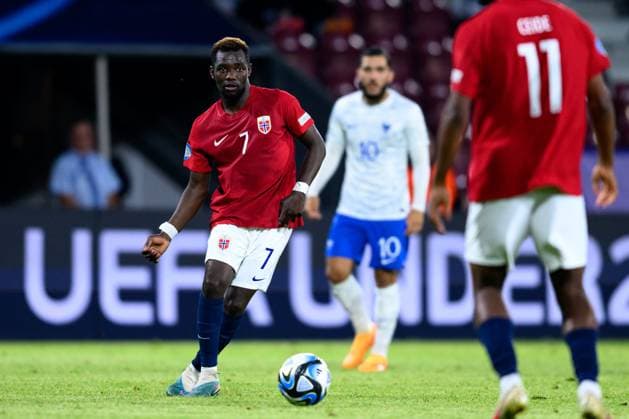 230625 Joshua Kitolano of Norway during the UEFA European Under-21 Championship group stage football match between France and Norway on June 25, 2023 in Cluj-Napoca. Photo: Marius Simensen BILDBYRAN COP 238 MM0022 bbeng fotboll football fotball soccer uefa european under-21 championship euro under-21 U21, U 21 em u21 norge norway france frankrike Copyright: MARIUSxSIMENSEN BB230625BB613
