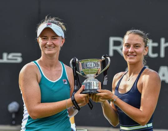 Sport Themen der Woche KW25 Sport Bilder des Tages 25th June 2023; Edgbaston Priory Club, Birmingham, England: Rothesay Classic Birmingham, Day 7; Doubles Final; Barbora Krejcikova (CZE) and Marta Kostyuk (UKR) hold the trophy after winning the Doubles title at Edgbaston in straight sets 6-2 7-6  ActionPlus12523931 GodfreyxPitt