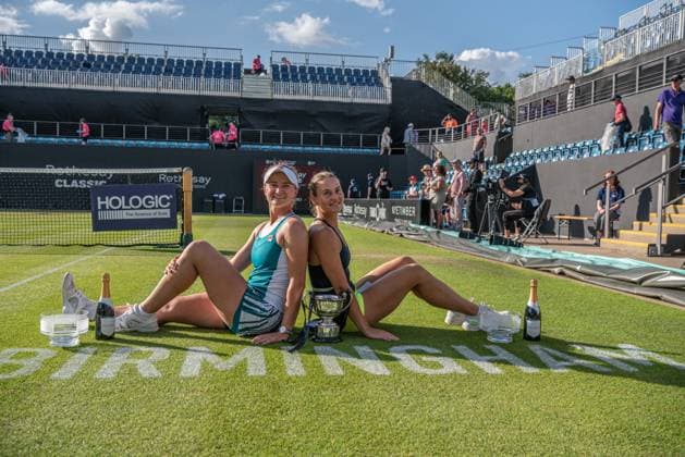 25th June 2023; Edgbaston Priory Club, Birmingham, England: Rothesay Classic Birmingham, Day 7; Doubles Final; Barbora Krejcikova (CZE) and Marta Kostyuk (UKR) celebrate their win in the doubles final in Birmingham  ActionPlus12523940 GodfreyxPitt